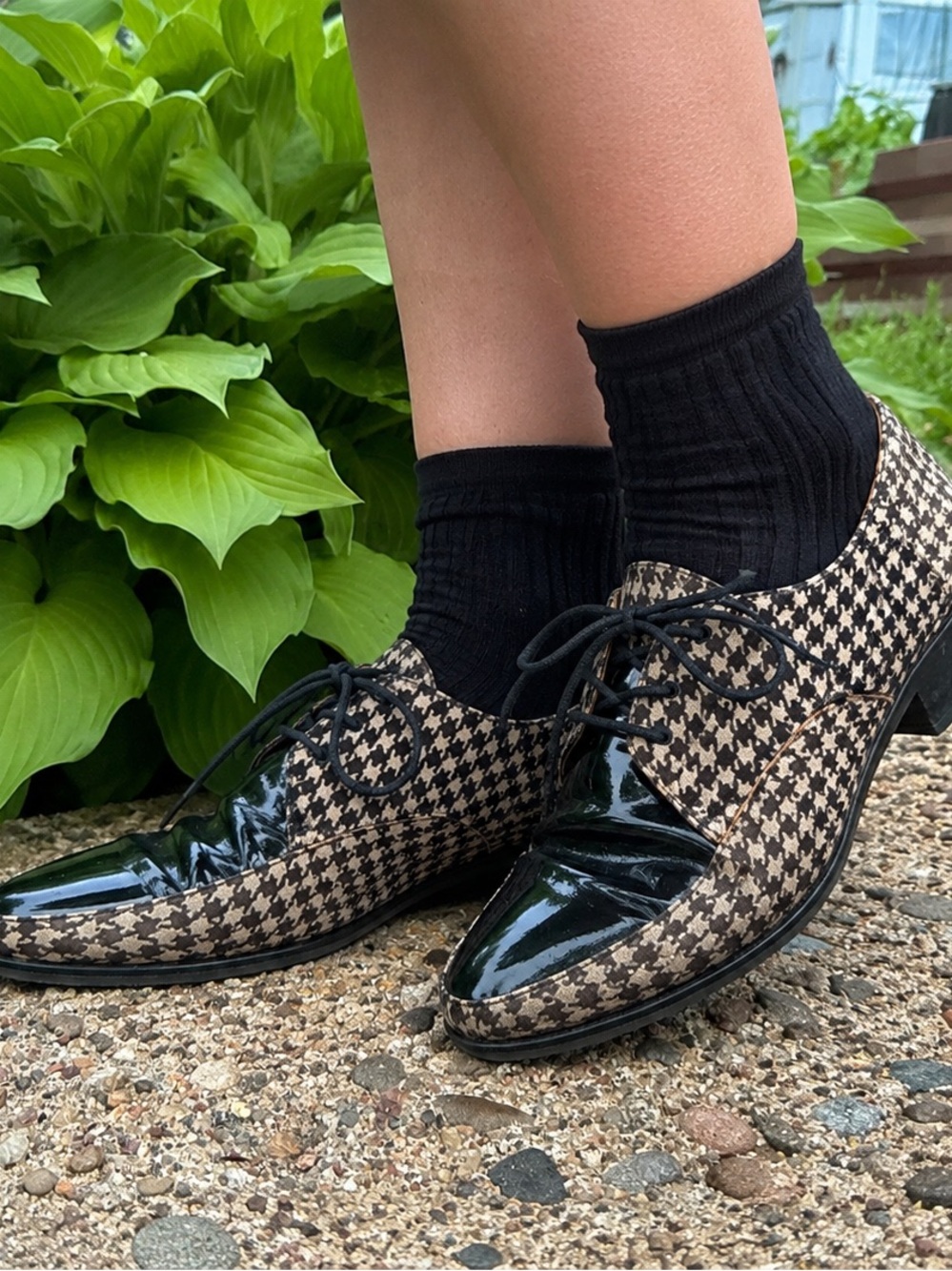 Houndstooth Lace-Up Flats with Black Patent Cap Toe